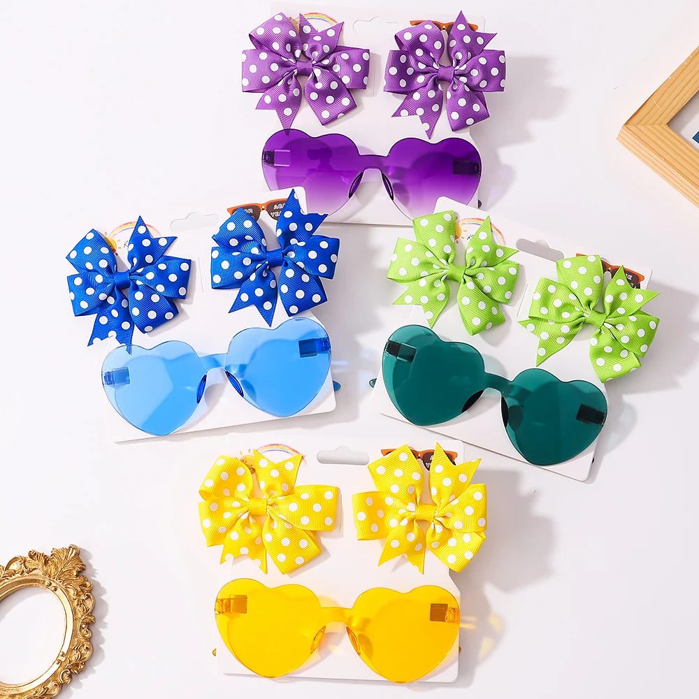 Colorful Heart Sunglasses and Dot Hairpin Set for Girls - Smarsty
