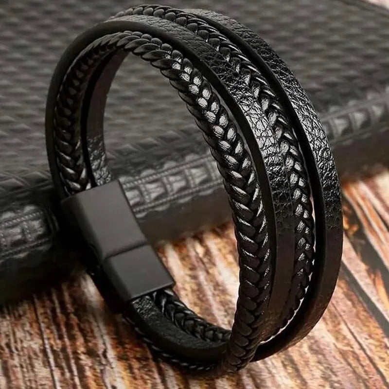 Men's Leather Braided Bracelets Stainless Steel Durable - Smarsty