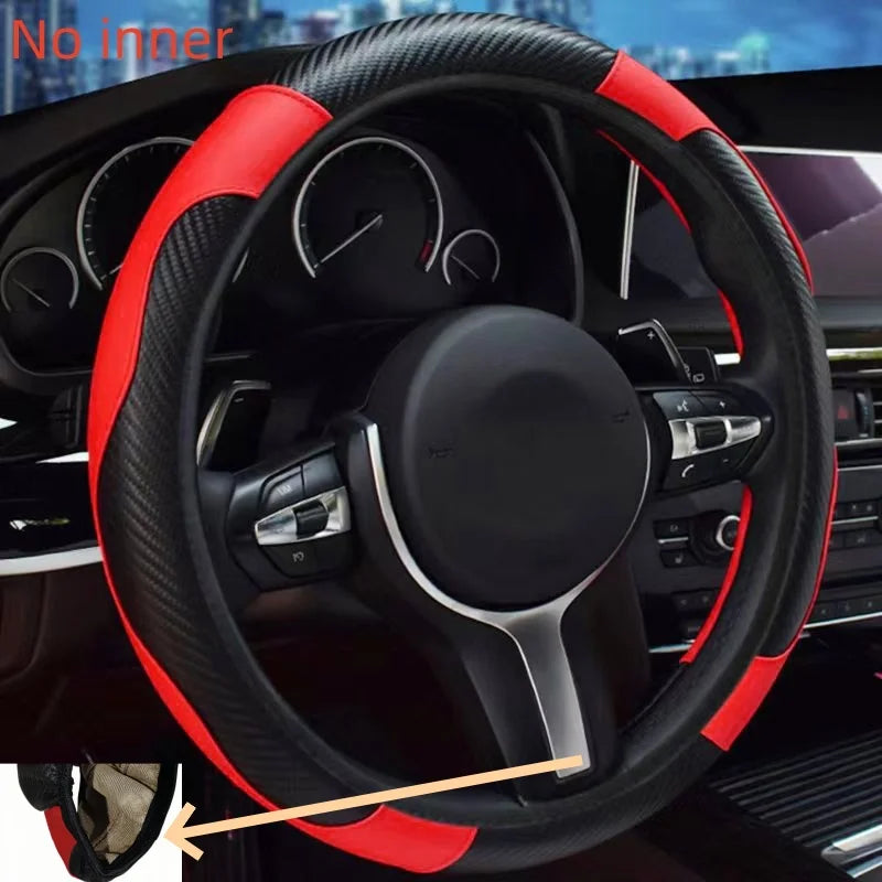 Carbon fiber pattern PU leather steering wheel cover with no inner ring design, full elasticity, anti slip and wear-resistant, m