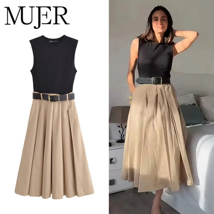 MUJER 2025 Woman Dresses Belt Pleated Midi Dress Women Sleeveless Summer Dress Woman Knitted Party Dresses for Women Sundress - Smarsty