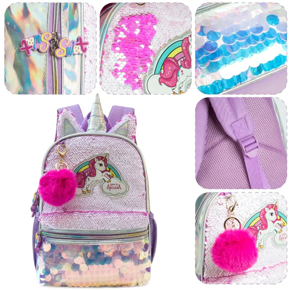 Girls Sequined Kindergarten Backpack With Zipper Closure - Smarsty