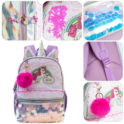 Girls Sequined Kindergarten Backpack With Zipper Closure - Smarsty