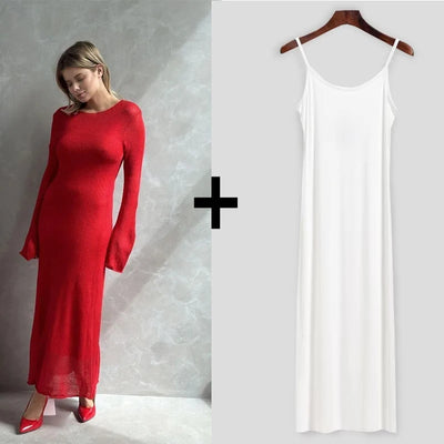 Hirsionsan Spring Autumn O-Neck Elastic Knit Long Dresses Women 2024 Elegant Chic Soft Lady Hollowing Sweater Dresses Femme New - Smarsty