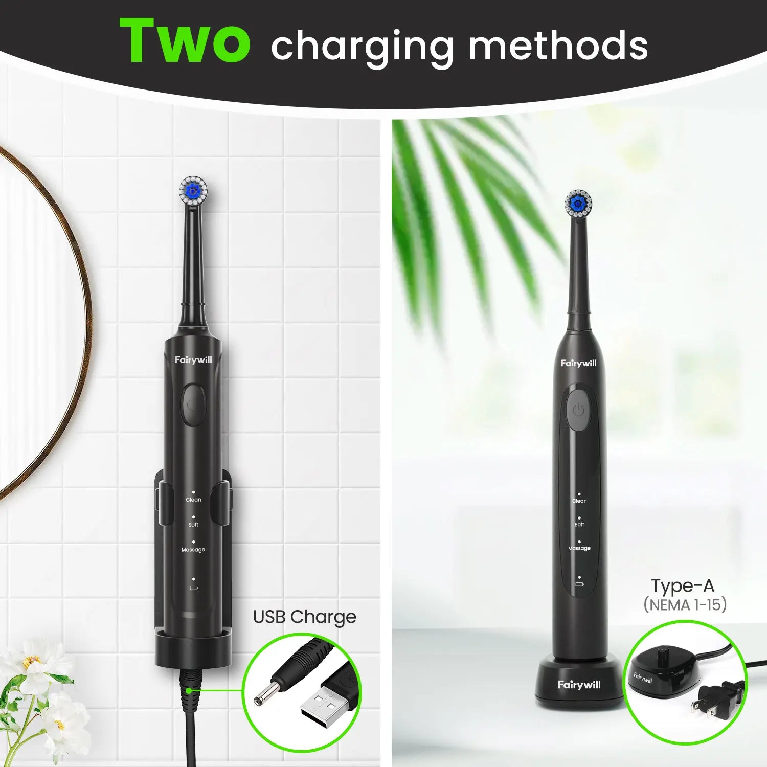 Fairywill Electric Toothbrush T2233Powerful Rotation Cleaning 4 Replacement Heads Rechargeable Sonic Toothbrush for Adults - Smarsty