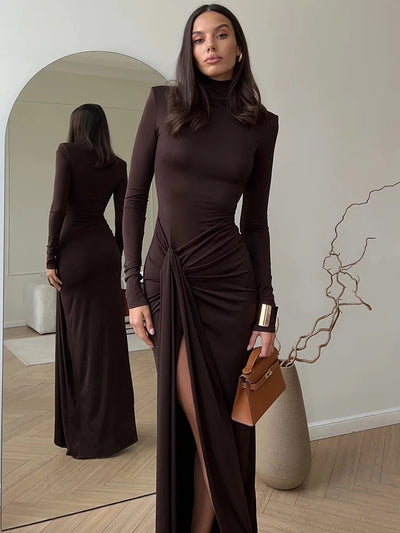 Mozision Turtleneck Thigh High Split Sexy Maxi Dress For Women Fashion Long Sleeve Draped Bandage Bodycon Club Long Dress - Smarsty