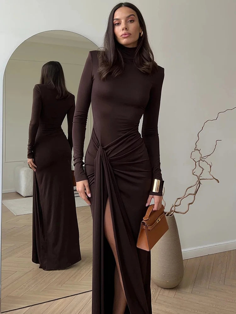 Mozision Turtleneck Thigh High Split Sexy Maxi Dress For Women Fashion Long Sleeve Draped Bandage Bodycon Club Long Dress - Smarsty