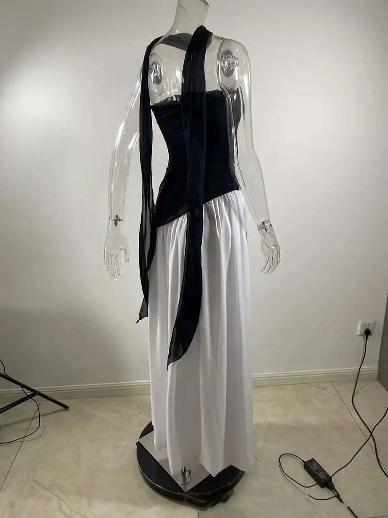 Mozision Strapless Off-shoulder Sexy Maxi Dress For Women Gown Patchwork Scarf Collar Thigh High Split Club Party Long Dress