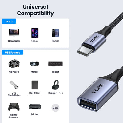 TOPK USB C to USB A Dapter OTG Cable Type C Male to USB 3.0 2.0 Female Cable for MacBook Pro Samsung Type C Adapter - Smarsty