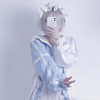 Girls Stitch Woman Clothing Subculture Japanese Hoodie Blue White Autumn Woman Sweatshirts Zipper Winter y2k Clothes Hoodies - Smarsty