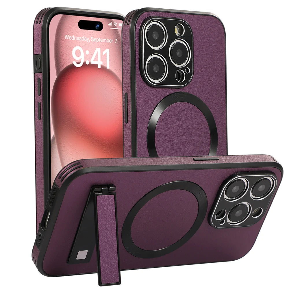 Luxury Magnetic Leather Stand Phone Case For iPhone 17 16 15 14 11 12 13 Pro Max Wireless Charging For Magsafe Shockproof Cover
