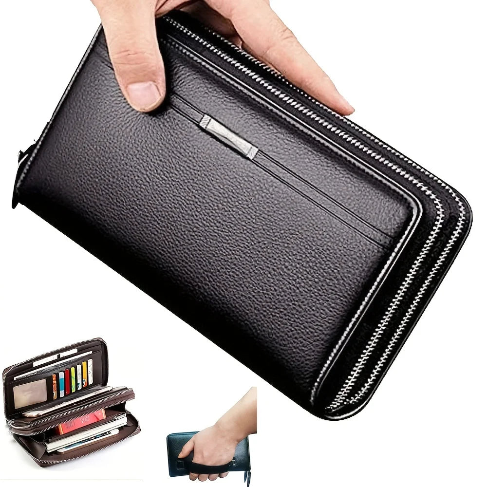 Men Large Capacity Wallet Long Zipper Purse Synthetic Leather Clutch Business Handbag Phone Card Holder Case Gift for Men Him - Smarsty