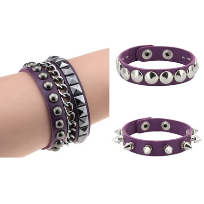 Black Goth Leather Bracelets Set with Spike Rivets - Smarsty