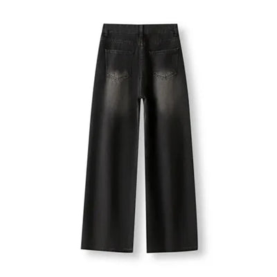Korean Vintage High Waist Women's Jeans Y2K Slimming Pear-Shaped Loose Straight Bell Bottoms Black Gray Baggy Denim Trousers - Smarsty