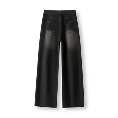 Korean Vintage High Waist Women's Jeans Y2K Slimming Pear-Shaped Loose Straight Bell Bottoms Black Gray Baggy Denim Trousers - Smarsty
