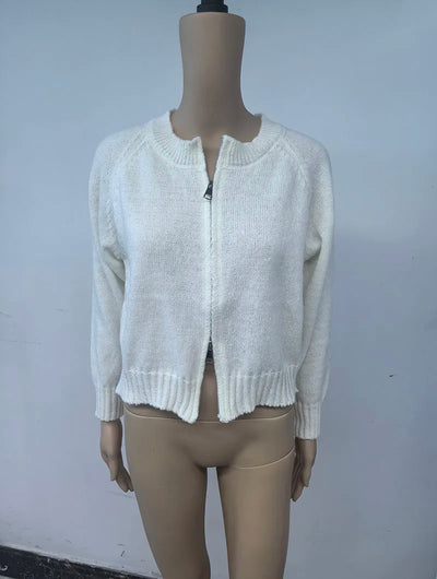 Autumn Winter Short Knitting Cardigan Women Solid Color Long Sleeve Round Neck Sweater Jacket 2025 Casual Zipper Sweater Coats - Smarsty