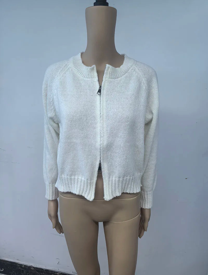 Autumn Winter Short Knitting Cardigan Women Solid Color Long Sleeve Round Neck Sweater Jacket 2025 Casual Zipper Sweater Coats - Smarsty