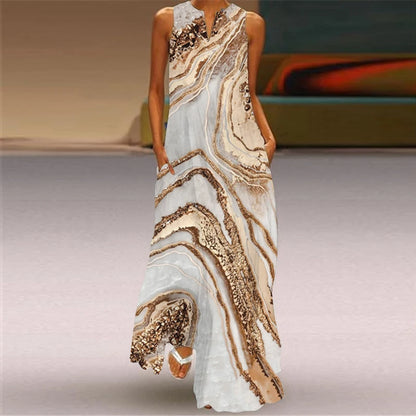 2024 New Summer Women's Sleeveless V-neck Printed Sexy Dress Long Dress Cross Border Women's Wear in Europe and America - Smarsty