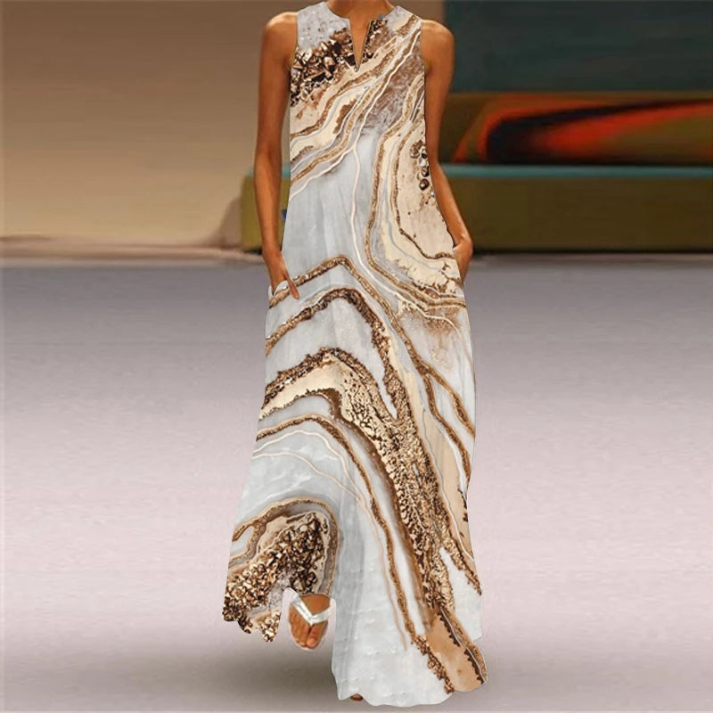 2024 New Summer Women's Sleeveless V-neck Printed Sexy Dress Long Dress Cross Border Women's Wear in Europe and America - Smarsty