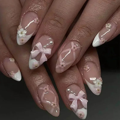 24Pcs Pink Almond False Nails with French Design - Smarsty