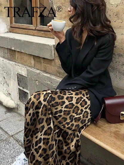 TRAFZA 2024 Women Fashion Leopard Print Skirt Vintage High Waist Midi Skirts Elegant Women Summer Casual Streetwear Skirt - Smarsty
