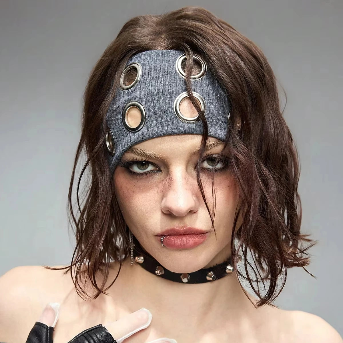 Punk Grunge Wide Elastic Headband Stretchy Metal Look - Smarsty