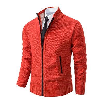 Autumn And Winter New Jersey Men's Casual Sports Coat Solid Color Stand Collar Wweater Grab Fleece Warm Zipper Cardigan - Smarsty