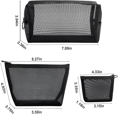 1PC Travel Black Mesh Cosmetic Bag Zipper Makeup Bag For Women Wash Toiletry Bag Makeup Organizer Portable Storage Pouch - Smarsty