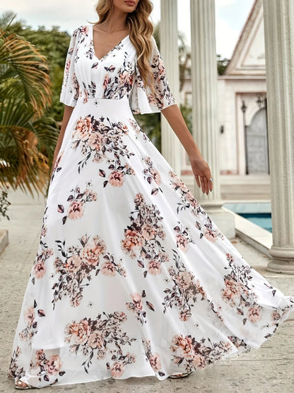 Wefads Women Long Dress Summer Casual Sexy V-Neck Lotus Leaf Sleeves Printed Beach Holiday Dresses - Smarsty