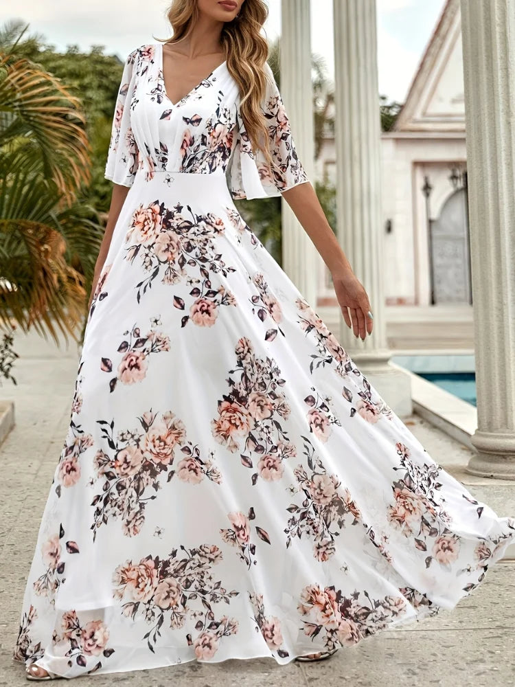 Wefads Women Long Dress Summer Casual Sexy V-Neck Lotus Leaf Sleeves Printed Beach Holiday Dresses - Smarsty