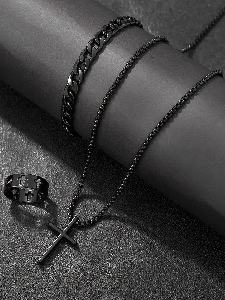 Men's 3 Piece Alloy Jewelry Set with Cross Pendant - Smarsty