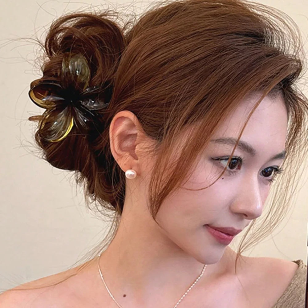 Large Flower Hair Clip Lightweight Mermaid Style Brown Beige - Smarsty