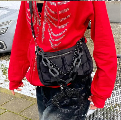 Y2K Rhinestone Skeleton Hoodies Women Gothic Black Zip Up Oversized Sweatshirts Female Retro Harajuku Hooded Jacket Streetwear - Smarsty
