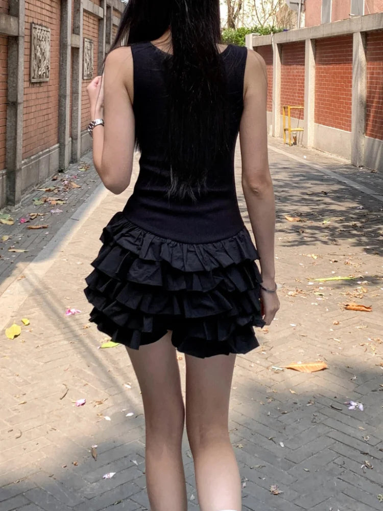 Chic Y2K Sleeveless Mini Dress For Woman Summer Black Dresses Sexy Clubwear Party Slim fit Ruffle Pleated Short Dress - Smarsty