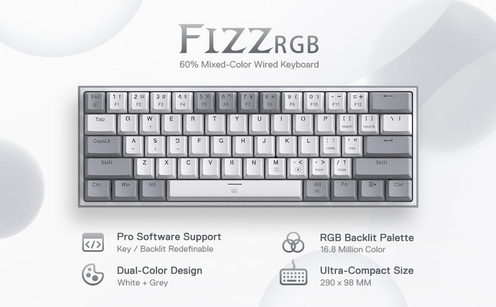 Redragon K617 Fizz 60% Wired RGB Gaming Keyboard, 61 Keys Hot-Swap Compact Mechanical Keyboard Red Switch