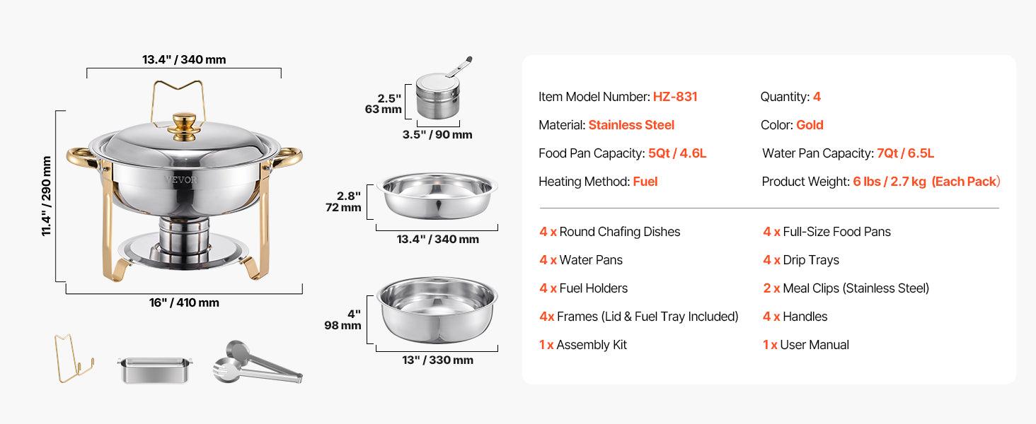 SucceBuy 4 Pack Chafing Dish Buffet Set Stainless Steel Chafer w/4 Full Size Pan Round Catering Warmer Server for Party Banquets