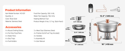 SucceBuy 4 Pack Chafing Dish Buffet Set Stainless Steel Chafer w/4 Full Size Pan Round Catering Warmer Server for Party Banquets - Smarsty