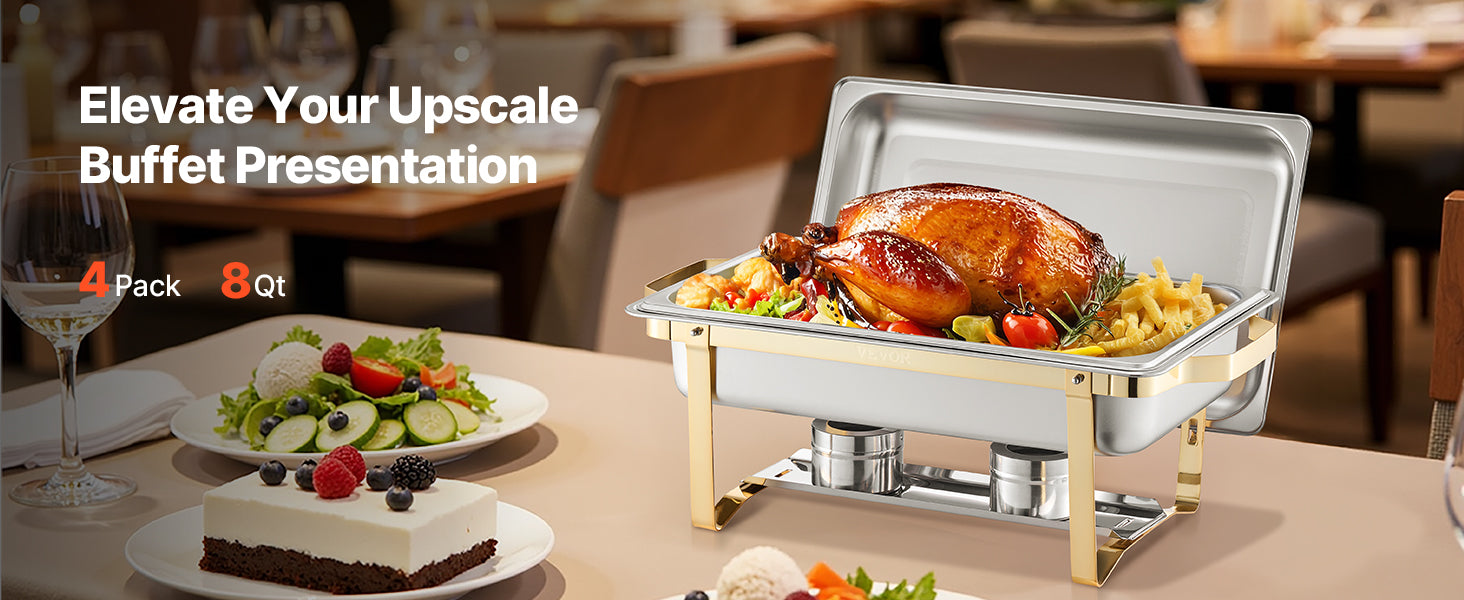 SucceBuy 8 Qt 4 Pack Chafing Dish Buffet Set Stainless Steel Chafer with 2 Full Size and 4 Half Size Pans Catering Warmer Server