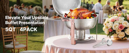 SucceBuy 5 Qt 4 Pack Chafing Dish Buffet Set Round Catering Warmer Server w/Lid Water Pan Folding Stand Clip for Wedding Party