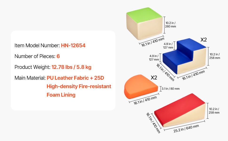 SucceBuy 6Pcs Kids Foam Climbing Toys Activity Playset PU Leather Indoor Crawl Climbing Blocks for Children Crawling & Sliding