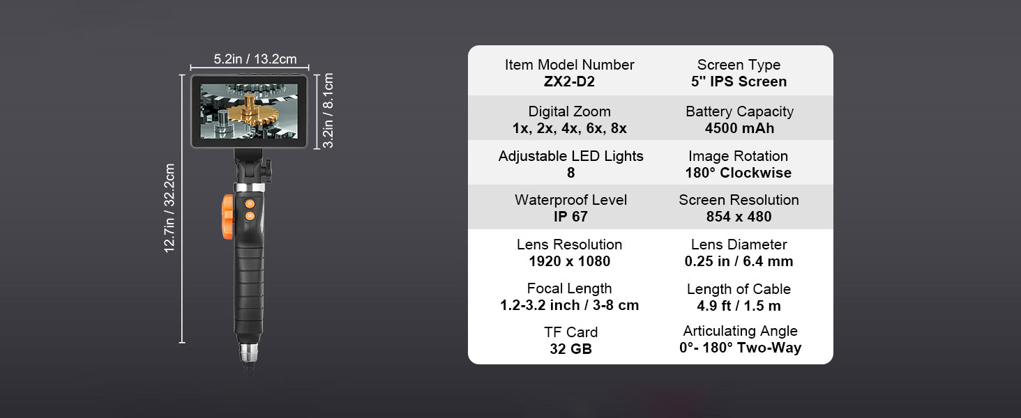 SucceBuy Articulating Borescope Camera with Light Two-way Articulated Endoscope Inspection with 6.4mm Tiny Lens 5" 1080P Screen