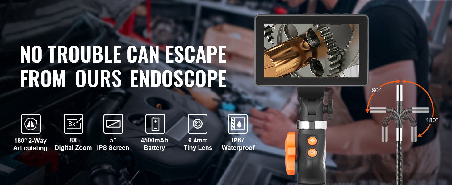 SucceBuy Articulating Borescope Camera with Light Two-way Articulated Endoscope Inspection with 6.4mm Tiny Lens 5" 1080P Screen