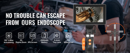 SucceBuy Articulating Borescope Camera with Light Two-way Articulated Endoscope Inspection with 6.4mm Tiny Lens 5" 1080P Screen