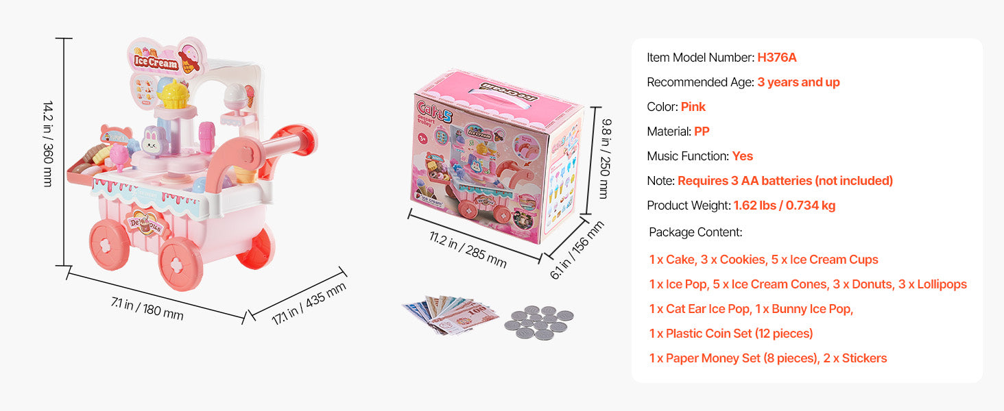 SucceBuy Pink Kids Ice Cream Cart Pretend Play Store Dolly with Sound & Light Effect Montessori Educational Toys for Children