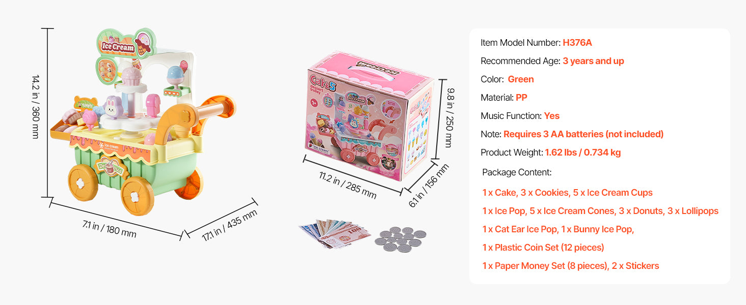 SucceBuy Pink Kids Ice Cream Cart Pretend Play Store Dolly with Sound & Light Effect Montessori Educational Toys for Children