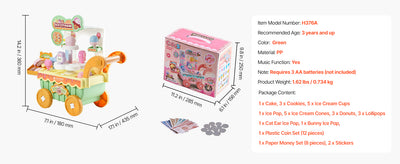 SucceBuy Pink Kids Ice Cream Cart Pretend Play Store Dolly with Sound & Light Effect Montessori Educational Toys for Children