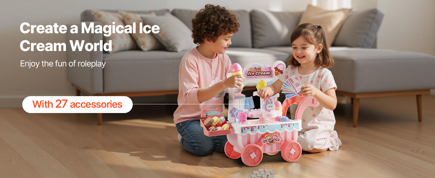 SucceBuy Pink Kids Ice Cream Cart Pretend Play Store Dolly with Sound & Light Effect Montessori Educational Toys for Children