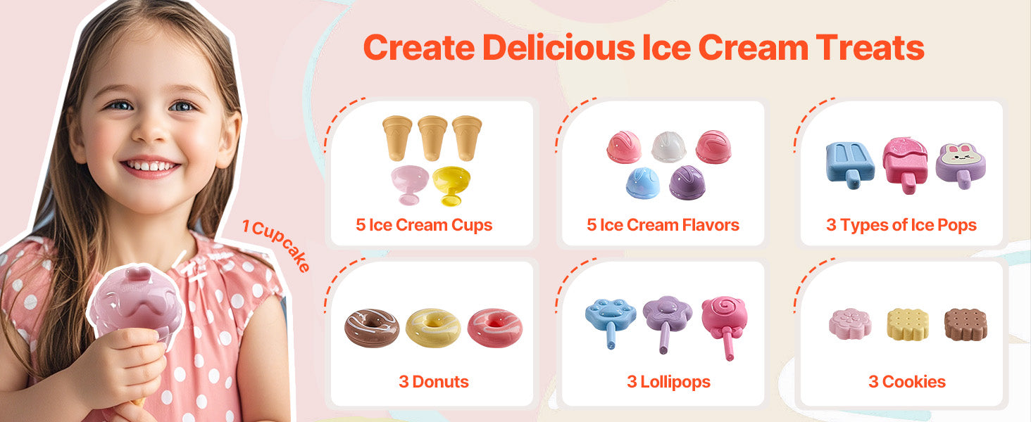 SucceBuy Pink Kids Ice Cream Cart Pretend Play Store Dolly with Sound & Light Effect Montessori Educational Toys for Children