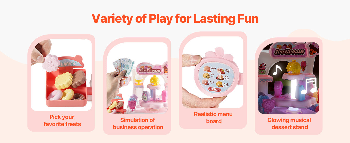 SucceBuy Pink Kids Ice Cream Cart Pretend Play Store Dolly with Sound & Light Effect Montessori Educational Toys for Children