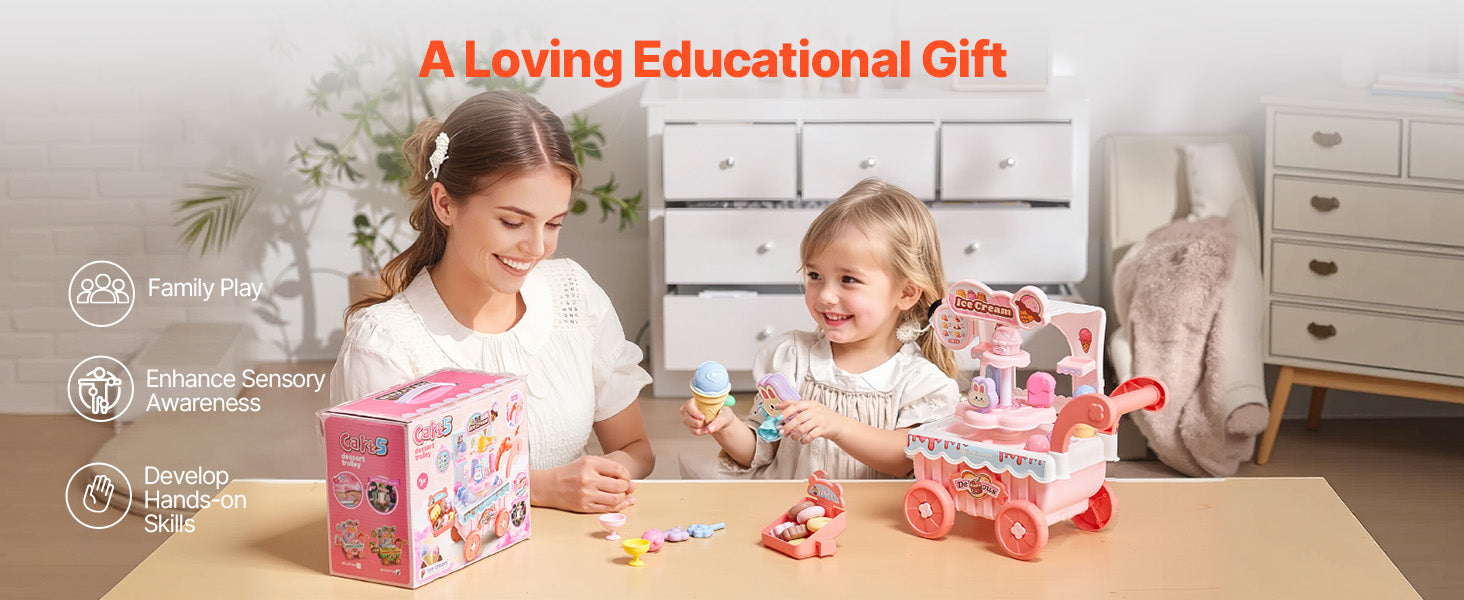 SucceBuy Pink Kids Ice Cream Cart Pretend Play Store Dolly with Sound & Light Effect Montessori Educational Toys for Children