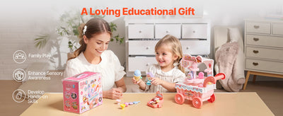 SucceBuy Pink Kids Ice Cream Cart Pretend Play Store Dolly with Sound & Light Effect Montessori Educational Toys for Children